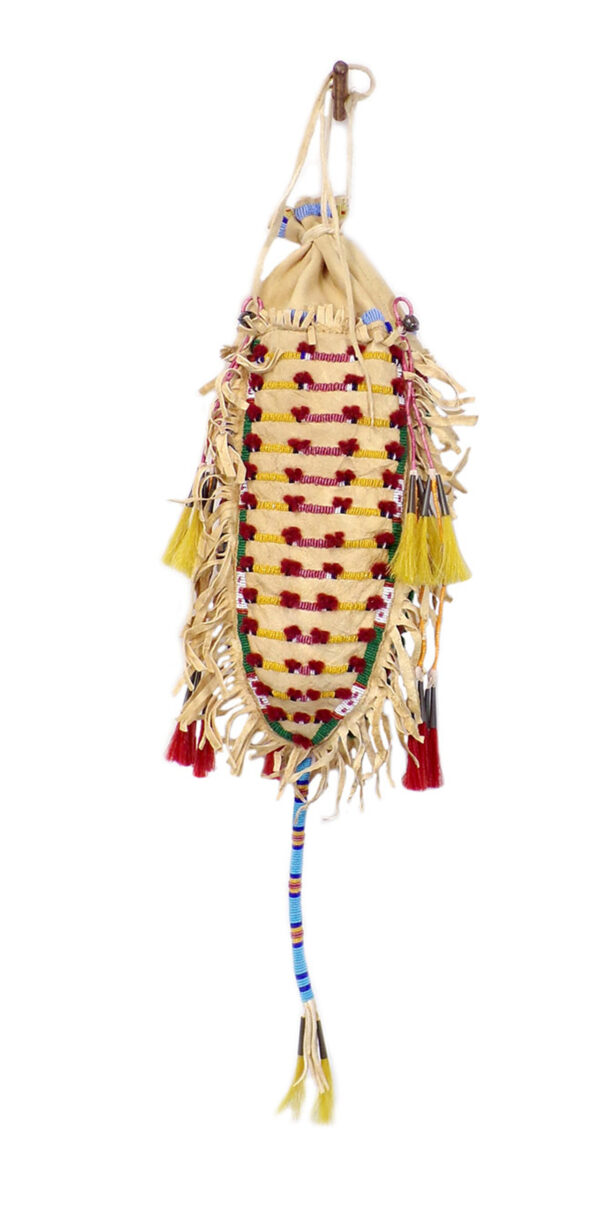 Native American Beaded & Quilled 3 Sided Bag w Bead Wrapped Long Tail - Image 3