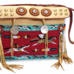 Native American Hand Beaded XLG Bag w Beaded Strap: Horse Raid on Red Background
