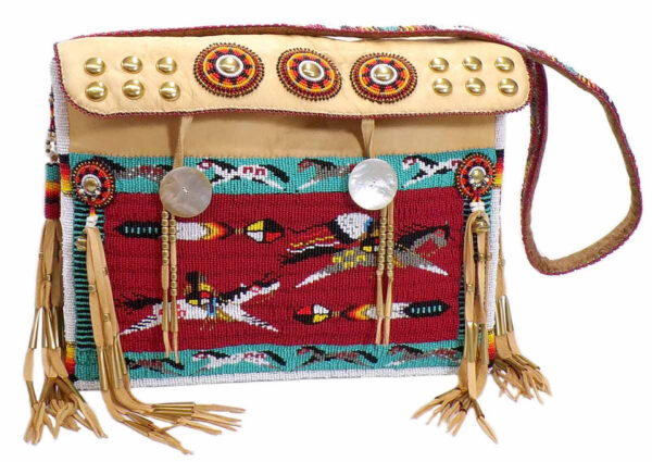 Native American Hand Beaded XLG Bag w Beaded Strap: Horse Raid on Red Background