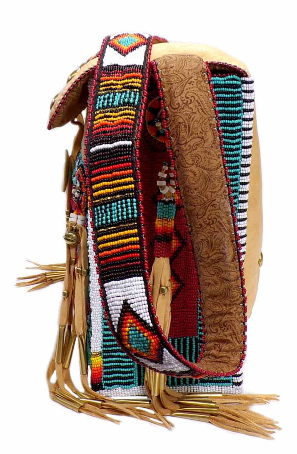Native American Hand Beaded XLG Bag w Beaded Strap: Horse Raid on Red Background - Image 2