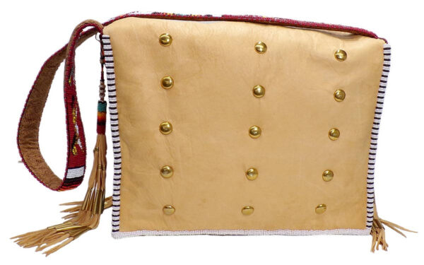 Native American Hand Beaded XLG Bag w Beaded Strap: Horse Raid on Red Background - Image 5