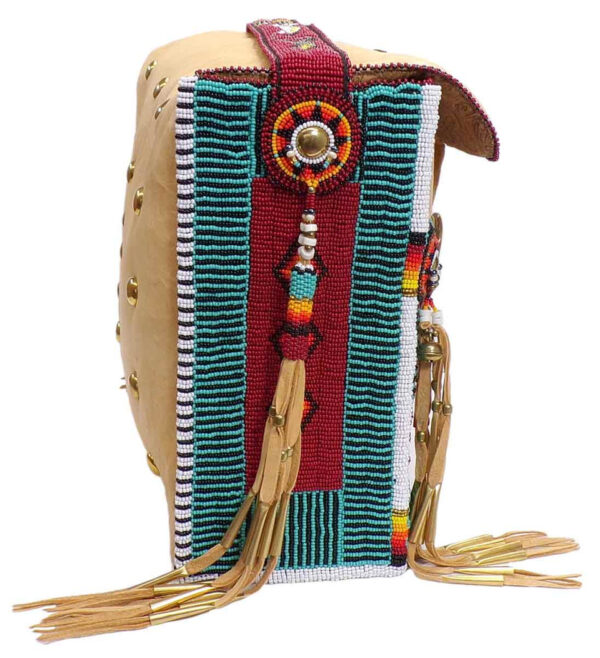 Native American Hand Beaded XLG Bag w Beaded Strap: Horse Raid on Red Background - Image 3